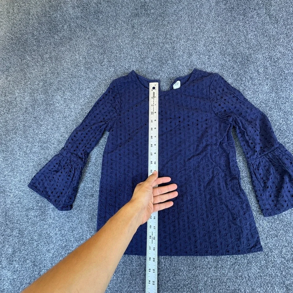 Gap Top Kids XL 12‎ Navy Blue Cotton Eyelet Bell Sleeve Crew Neck Keyhole Back
